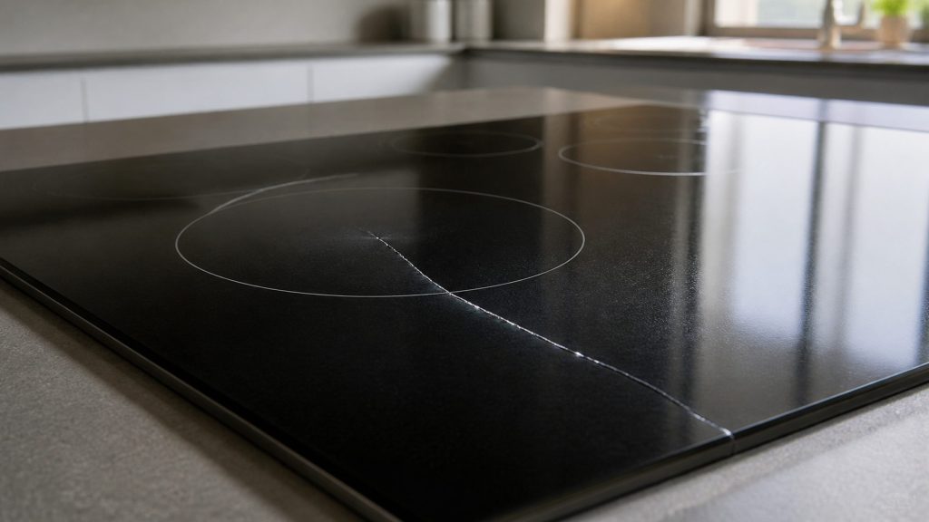 A hairline crack running across the dark glass of a cooktop between two zone markings