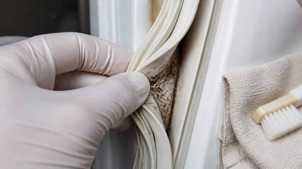 A gloved hand pulling back the flexible door gasket of a refrigerator to clean along its fold