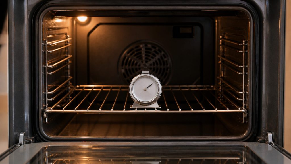 A small dial thermometer standing on the middle rack of a lit oven cavity
