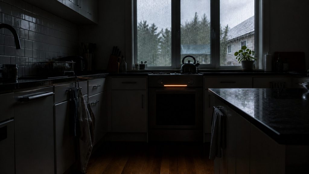 A dark kitchen lit only by grey daylight, rain running down the window behind the sink
