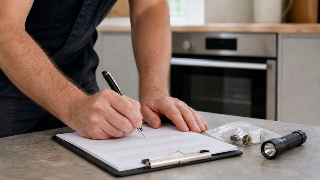 Hands signing a printed form on a clipboard beside a flashlight on a kitchen worktop