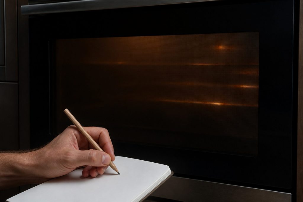 A hand writing on a notepad in front of a dark oven control panel