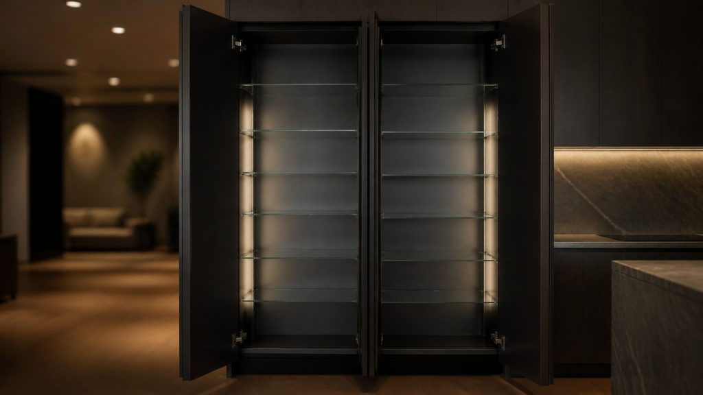 Two tall full-height cabinet doors standing open side by side in a dark kitchen, showing glass shelves and a dark interior lining lit softly from within, the room warm and out of focus behind.