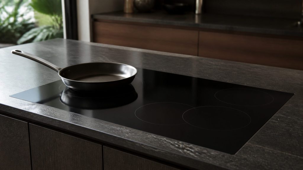 A large flat black glass cooking surface set flush into a dark stone counter in a luxury kitchen, its surface clean and reflecting soft overhead light, faint pale outlines marking the cooking zones.