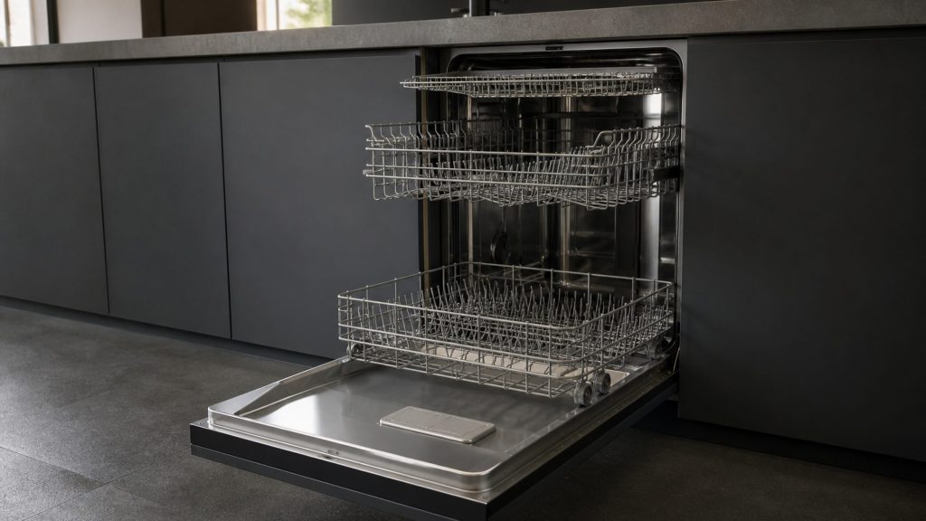A built-in dishwasher standing open in a dark kitchen, its stainless tub visible with a lower rack, an upper rack and a shallow third rack near the top, all empty.