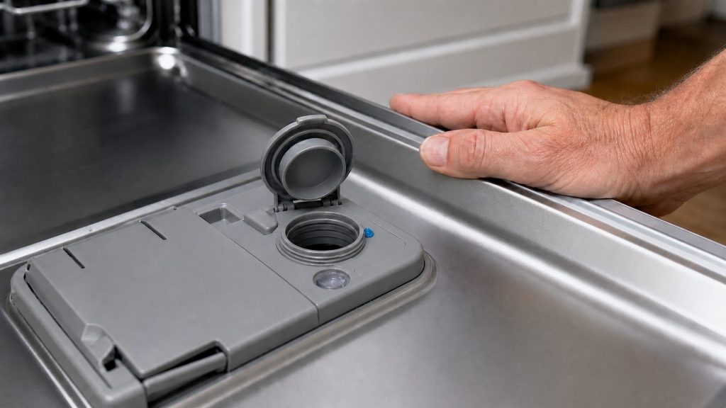 A hand at the rinse aid cap on the inside of a stainless dishwasher door