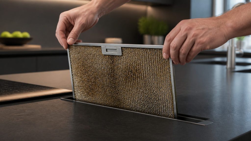 Two hands lifting a rectangular metal mesh grease filter out of a slot in a dark kitchen counter, the mesh visibly greasy, warm kitchen light.