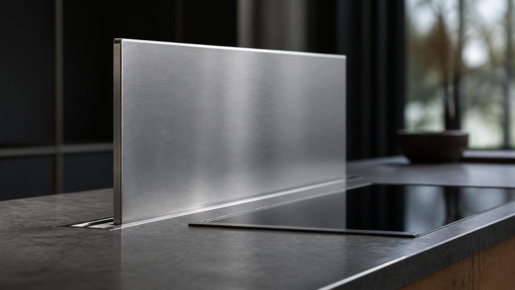 A close side view along a dark stone kitchen counter with a slim brushed-metal panel standing upright out of a slot in the counter behind the cooking area, seen against a soft dark background.