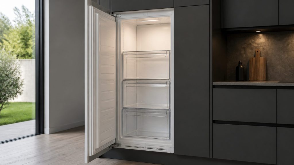 A tall full-height freezer column standing open beside a run of dark cabinetry, showing three deep pull-out drawers with clear fronts and a pale frost-free interior lit from within.
