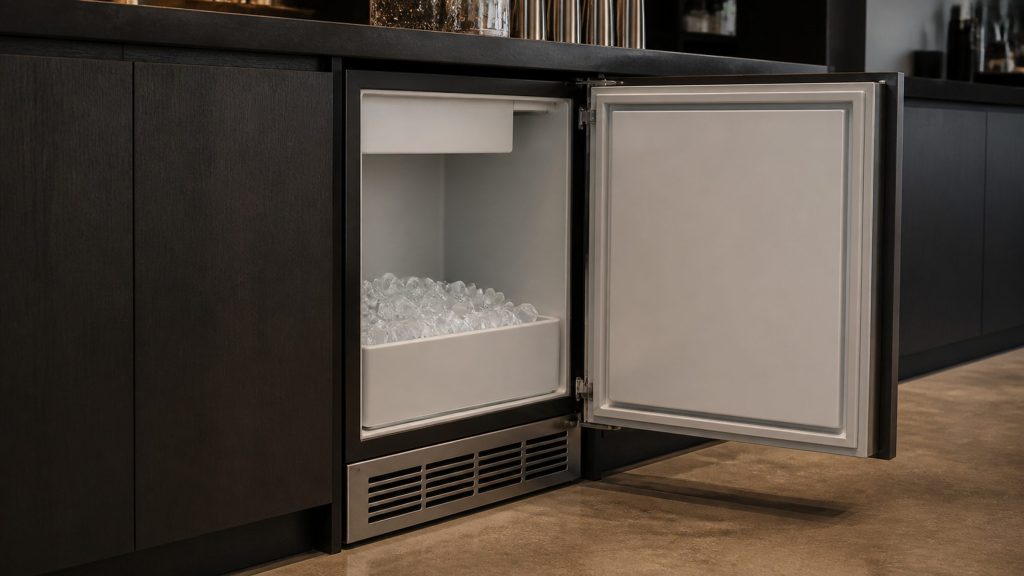 A narrow undercounter ice machine built into a dark bar run with its door standing open, showing a shallow bin part filled with clear ice cubes and a pale interior.