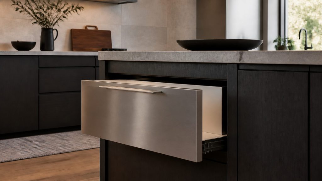 A wide drawer-style microwave built into the front of a dark kitchen island below the counter, its drawer front a plain brushed metal panel with a slim handle, drawn a little way open to show an empty pale cavity.