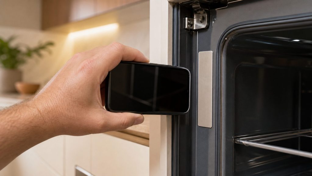 A hand holding a phone up close to the inside edge of an open appliance door frame, photographing a small blank metal label there.