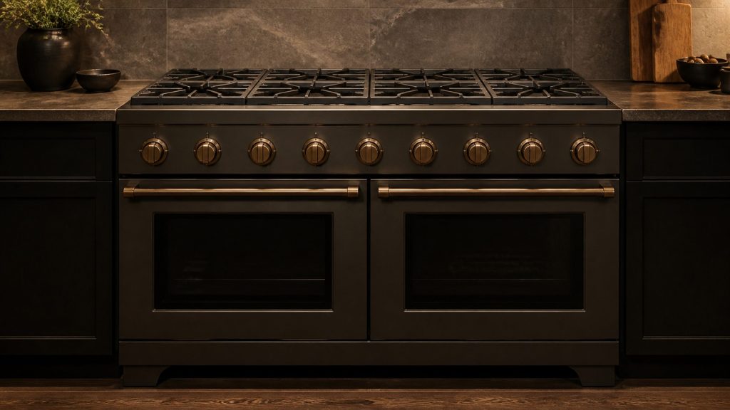 A wide professional-style kitchen range standing in a dark luxury kitchen, heavy cast grates across the whole top, a row of substantial knurled metal knobs along the front in a warm bronze tone, two oven doors below with plain dark glass.