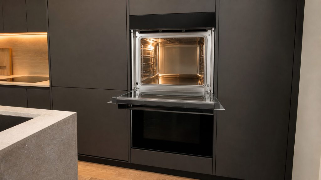 A tall double built-in oven in a dark cabinet run with the upper door standing open, showing an empty stainless cavity with flat rack rails and a light on inside.