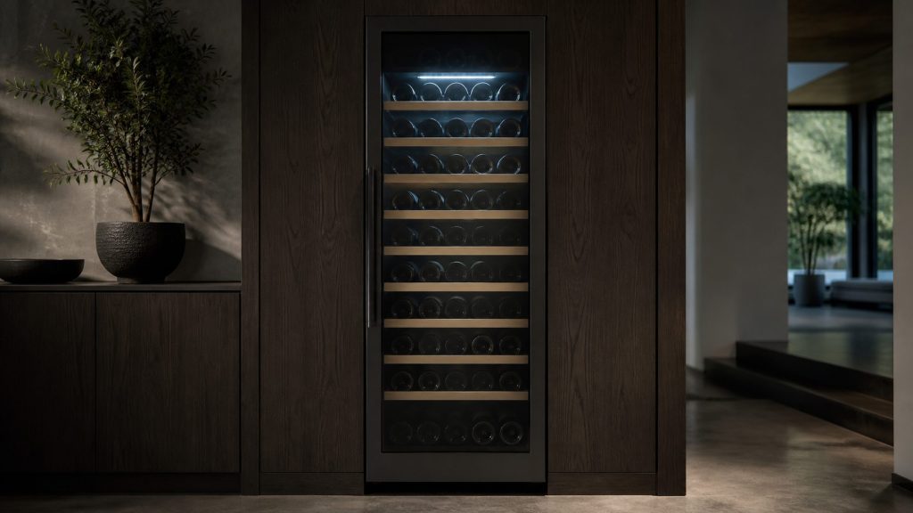 A tall built-in wine cabinet with a dark glass door, seen straight on in a dim room, wooden cradles inside holding bottles on their sides and lit by a soft cool light from within.