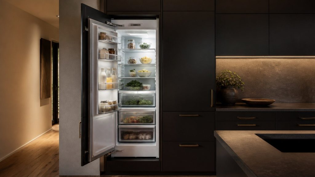 A tall panel-ready built-in refrigerator column standing open on its left-hand swing in a run of almost-black cabinetry, the appliance's own cabinet front carried on the door, glass shelves inside stocked with food under cool even light, antique bronze handles on the neighbouring fronts, dark stone worktop and low warm light in the room.
