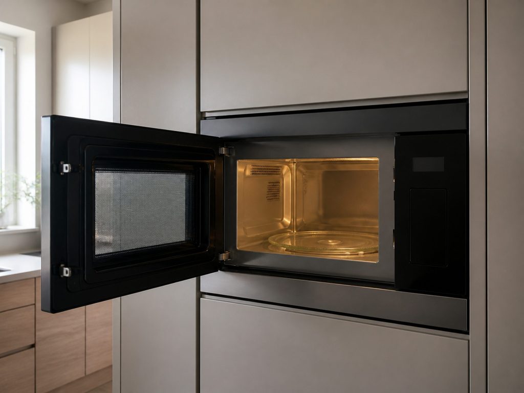 A built-in microwave set into a tall cabinet column at chest height with its door swung open on an empty lit cavity and a glass turntable.