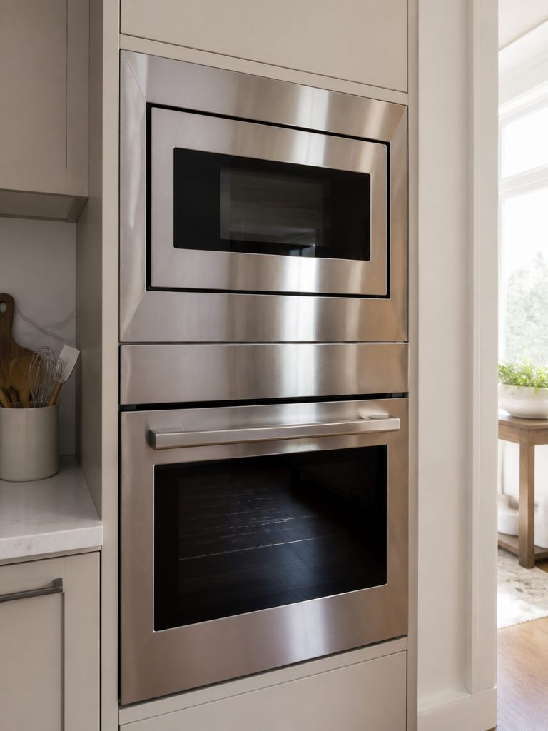 A combination wall oven column: a microwave cavity above and a full oven below in one tall stainless face, both doors closed.