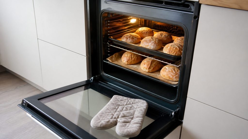 A built-in oven with its door down and two trays of bread rolls on separate runners