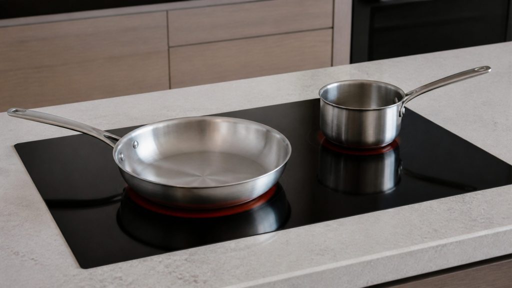 A smooth black radiant cooktop flush in pale stone, two zones glowing under a pan and a saucepan