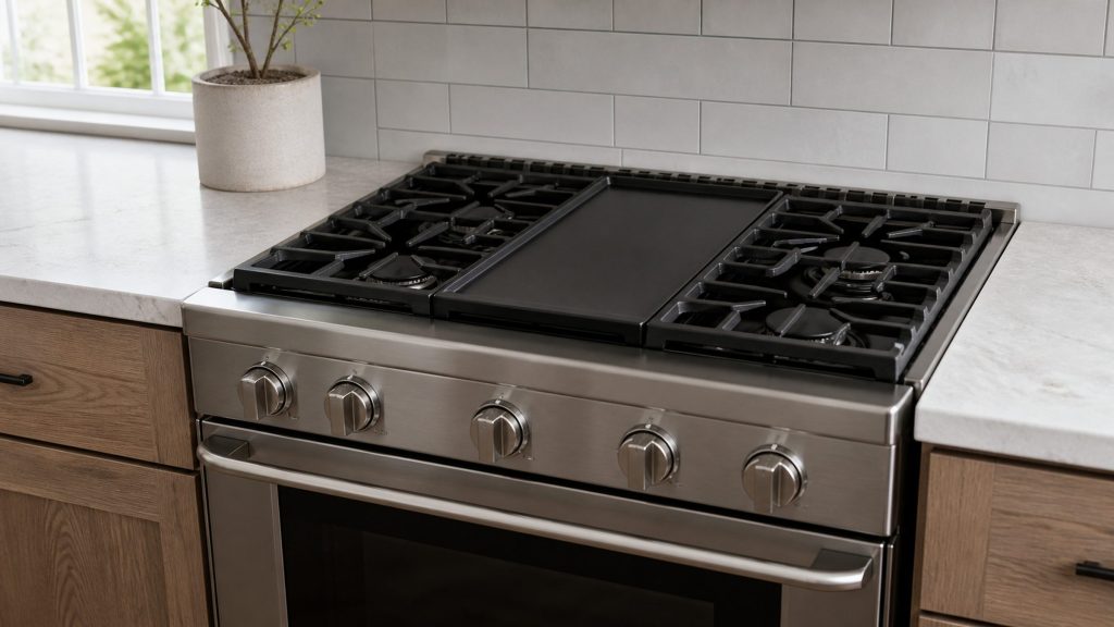 A slide-in gas range with a cast griddle plate fitted over the center burner between the two pairs of grates, worktop flush on both sides.