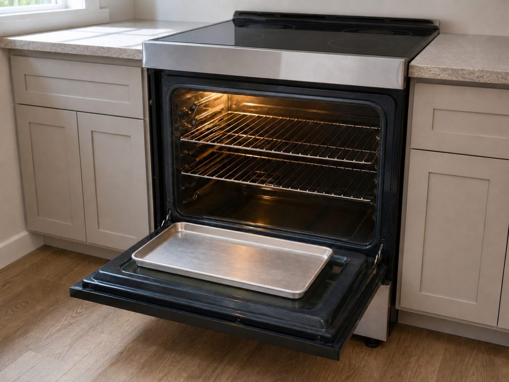 A slide-in electric range with the oven door open and the cavity lit, two racks in place, a baking tray resting on the open door.