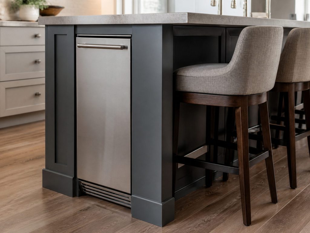 A 15-inch undercounter ice maker built into the end of a kitchen island, closed, bar stools beside it and a stone overhang above.