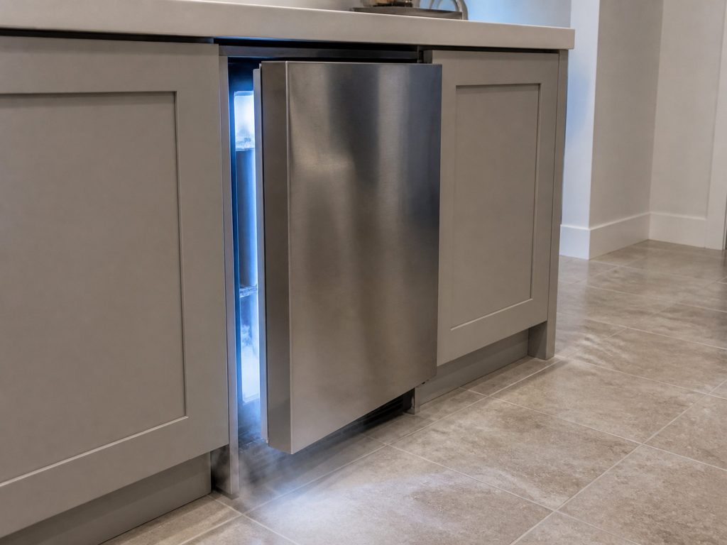 An 18-inch stainless undercounter ice maker, door pulled open a hand's width, cold light and vapour spilling from the gap onto the floor tiles.