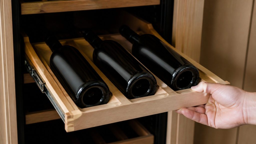 A wooden wine shelf drawn out on its runners, three dark bottles lying in it, a hand at the shelf edge