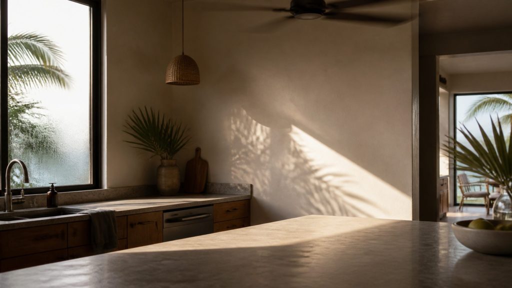 A warm plaster kitchen open to a terrace, palms beyond both windows, moisture beaded on the glass.