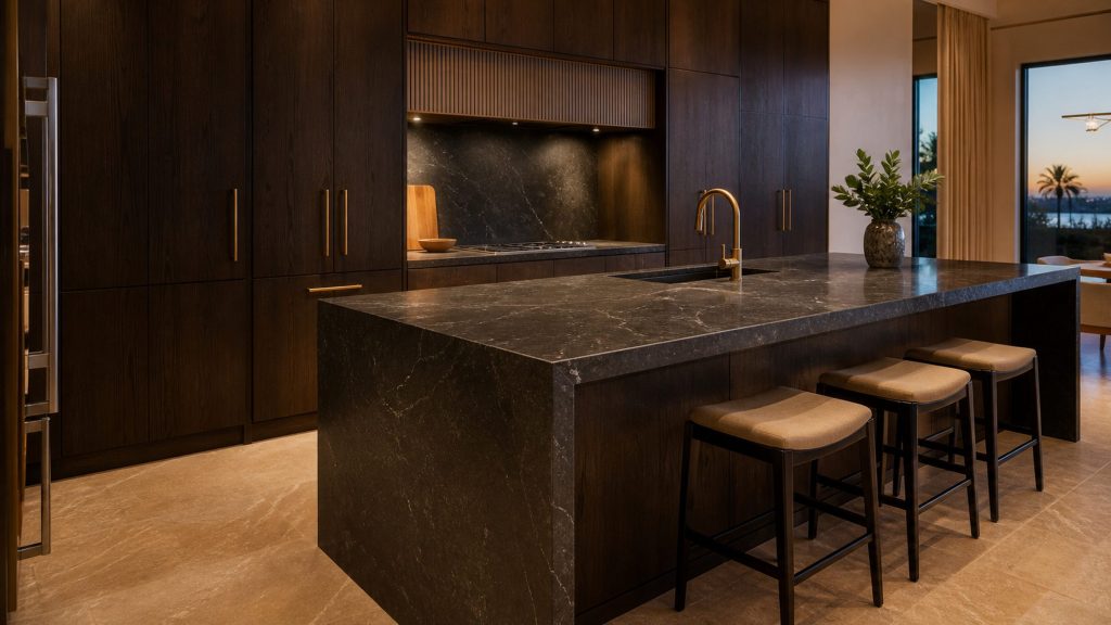 A large South Florida kitchen island in dark stone, seen from one corner in warm evening light, three low stools along it and tall dark wood cabinetry behind.
