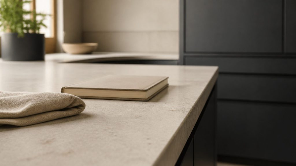 A close, low view along a pale stone worktop toward dark cabinet fronts, a folded cloth and a notebook on the counter, warm indirect light.