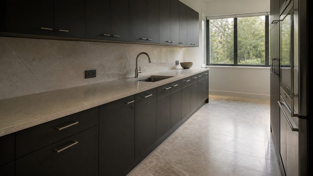 A wide kitchen photographed along the counter run in flat morning daylight, dark cabinetry with slim metal handles above a pale stone worktop, a window at the far end with green foliage outside.
