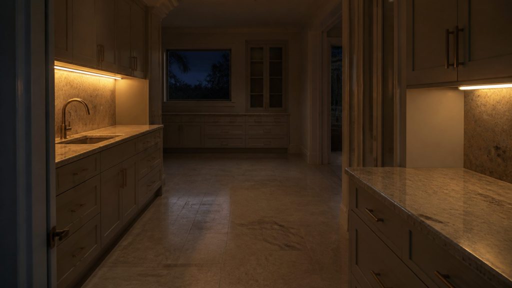 A dark South Florida kitchen at dusk seen from the doorway, warm under-cabinet light along a bronze-handled run of cabinetry, reflections in a stone counter.