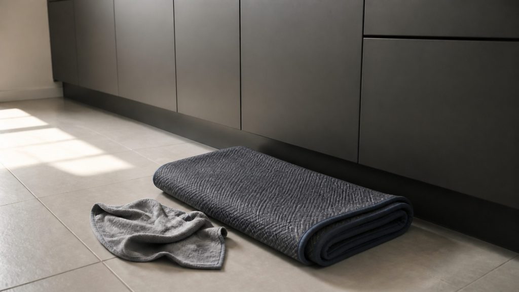 A folded protective mat and a soft cloth laid on a pale tile kitchen floor beside a run of dark cabinetry, warm daylight, tools not yet unpacked.