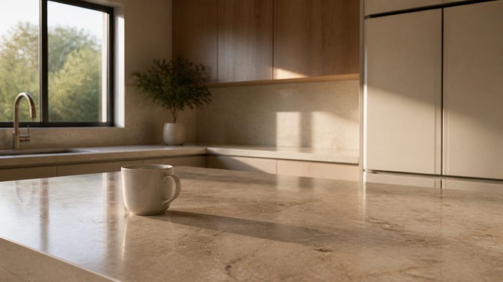 An empty kitchen early in the morning, low warm light across a stone counter, a single coffee cup.