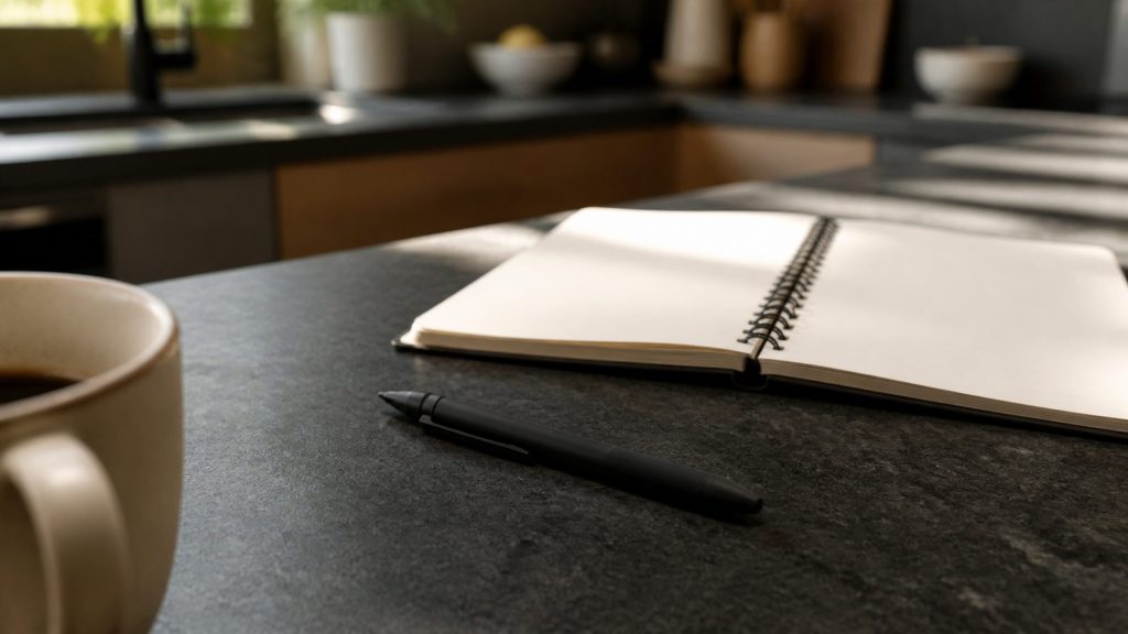 An open paper notebook and a pen lying on a dark stone kitchen counter in warm daylight, a coffee cup at the edge of the frame.