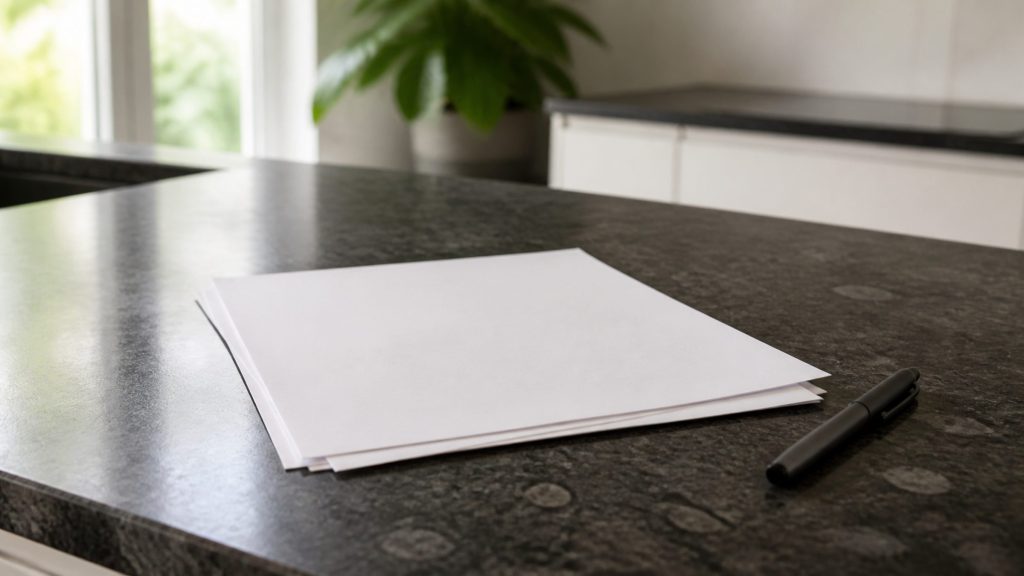 A small stack of loose paper and a pen on a dark stone kitchen island in soft morning light, the sheets face down and blank, a plant out of focus behind.