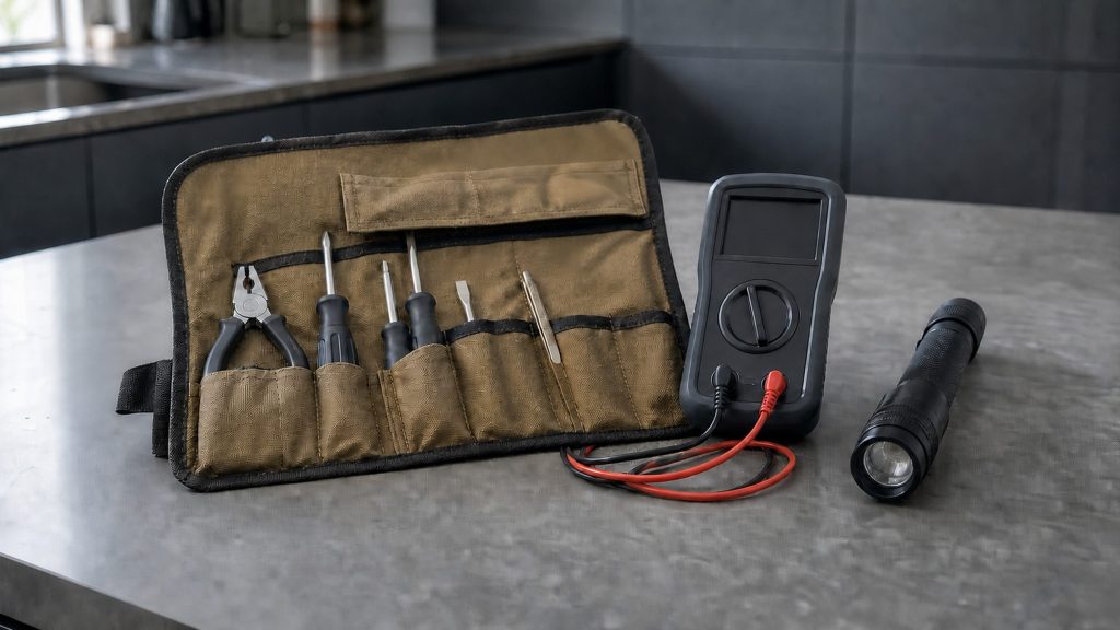 A clean work surface in a kitchen with an open tool roll, a multimeter and a torch laid out, dark cabinetry out of focus behind.