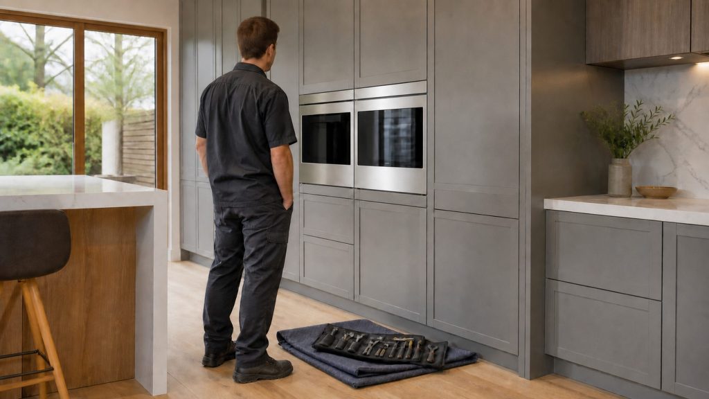 A gray fitted kitchen with a stainless oven and steam oven in the column; the technician stands with his back to the camera, reading the installation before touching it.