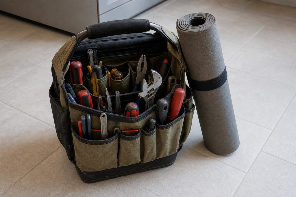 An open canvas tool bag standing on pale floor tile, hand tools visible inside it, a rolled work mat leaning against it.