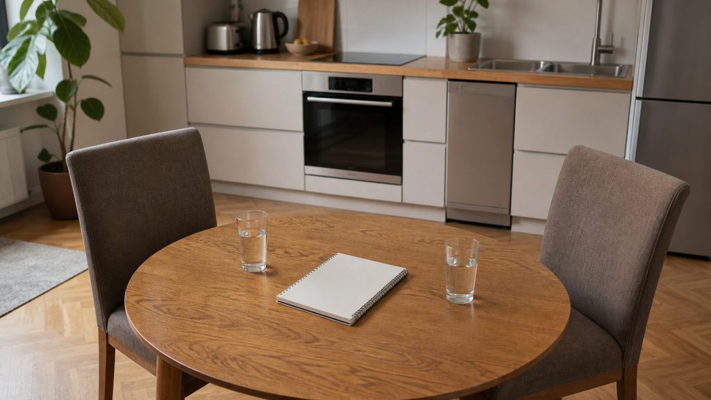 A small apartment kitchen behind: built-in oven, dishwasher and refrigerator in a pale run; in front, a round oak table set for a conversation rather than a meal.