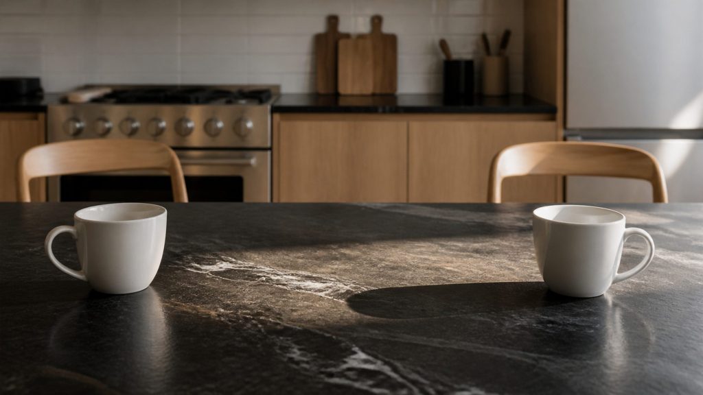 Two coffee cups set down opposite each other on a dark stone kitchen counter, warm daylight across the surface, chairs pushed back and empty.
