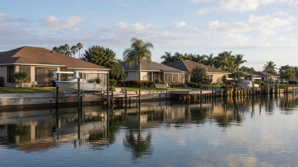 Morning on a residential canal: four or five low houses with tile roofs, timber docks, one boat up on its lift, palms behind.
