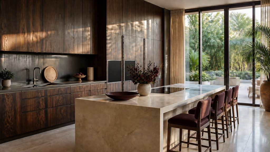 A wide dark-timber kitchen with a stone island and stools, glazing along one side opening onto planting