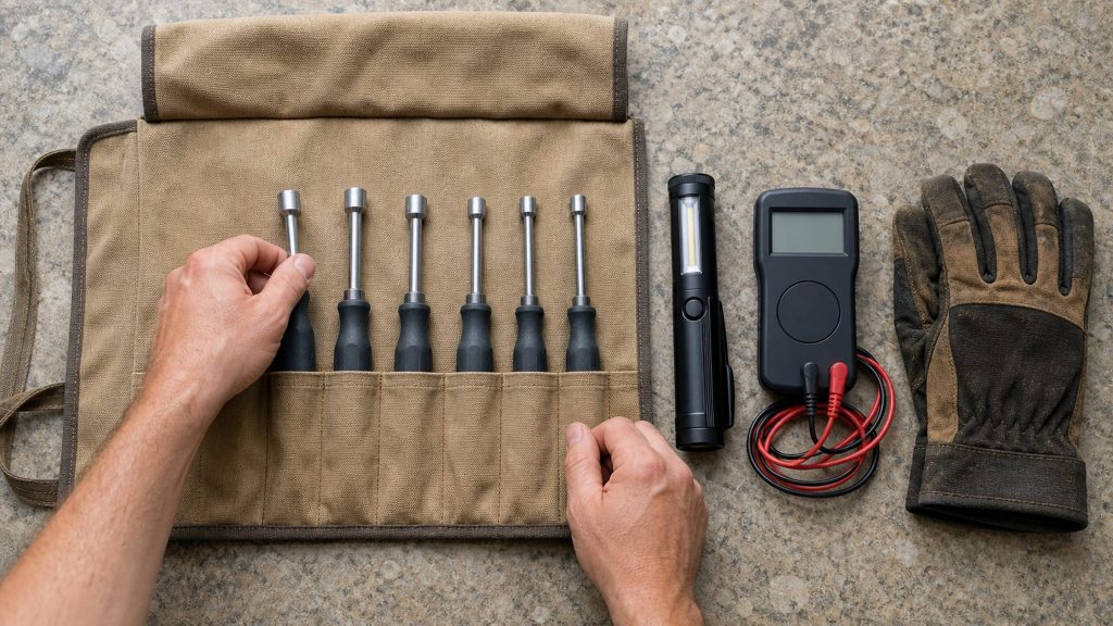 A flat-lay on stone: a canvas tool roll of six nut drivers, two hands laying one in, a work light, a multimeter with red and black leads, and a suede glove.